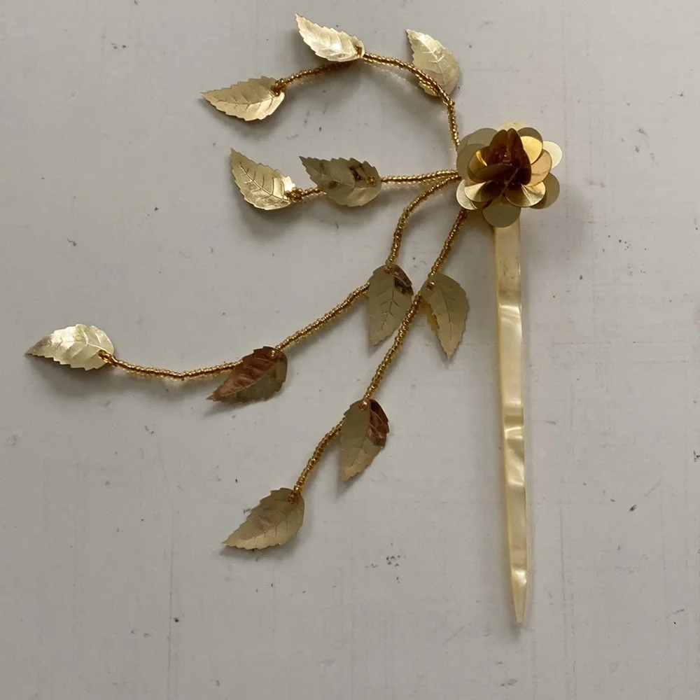 Vintage Gold Flower Hair Stick Pin with Gold Leaf Tassels. Made in Hong Kong